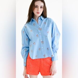 Never A Wallflower Oversized top blue Rose Jacquard  NWOT